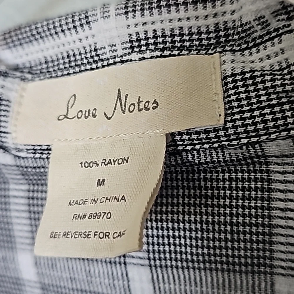 Love Notes Gray White Casual Office Medium Plaid Roll Tab Sleeve Blouse
